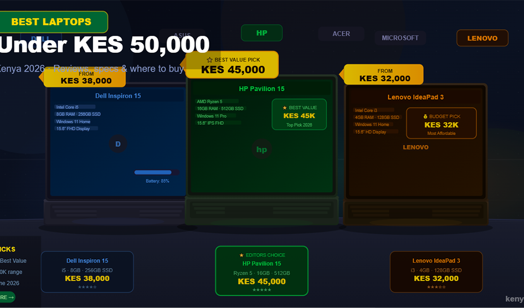 best laptops in Kenya under KES 50000 2026 - Dell HP Lenovo reviews specs and prices